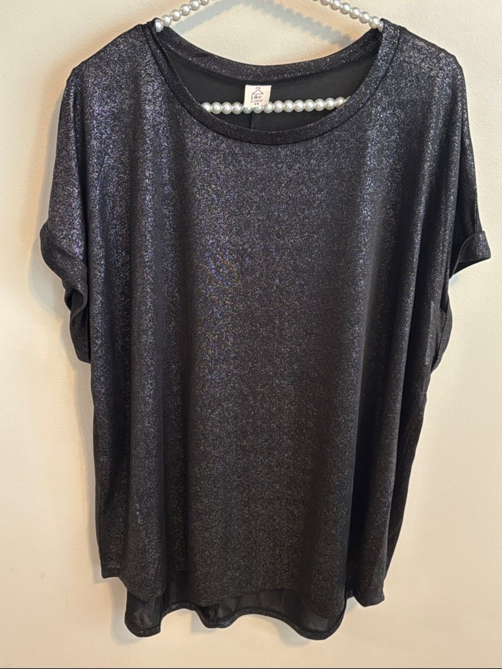 Sew In Love Sparkle Black Silver Women Top 2X Short Sleeve Metallic Blouse Bling
